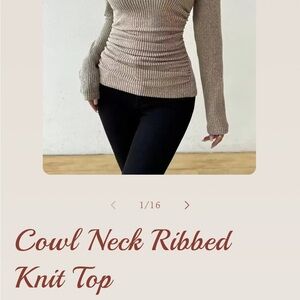 Ribbed Cowl Neck Knit Sweater - Taupe